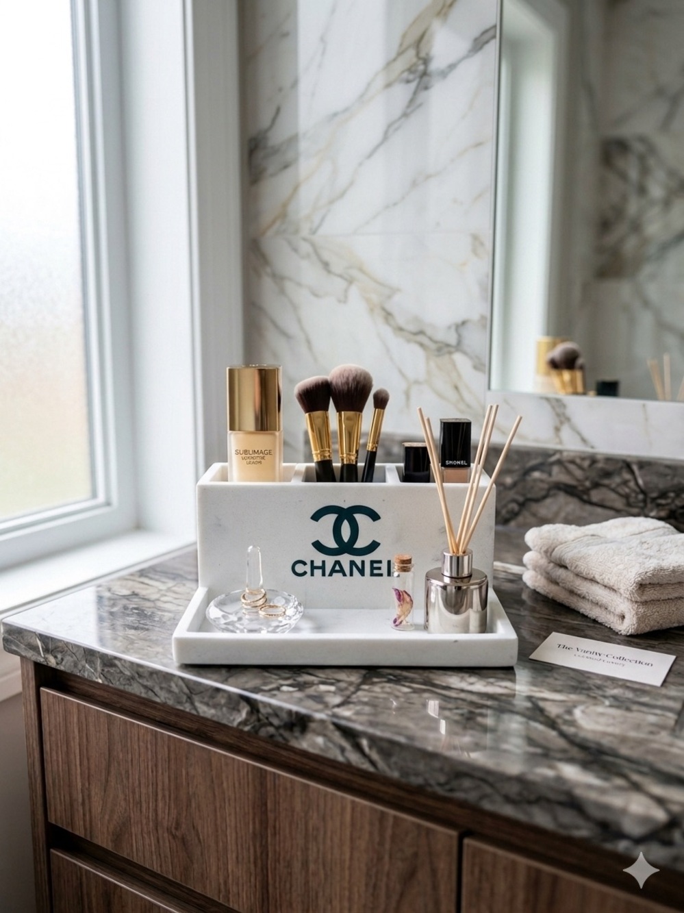 White Marble with Black Logo Cosmetic Organizer Tray
